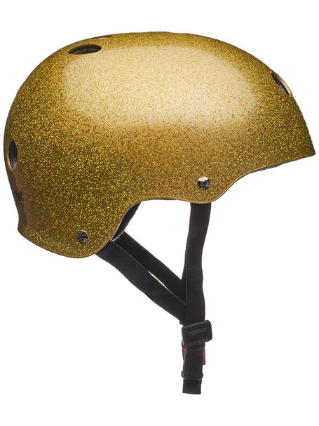 gold glitter motorcycle helmet THE Certified Sweatsaver HINGE Technology and LUXE Gold Flake vs Car Crash