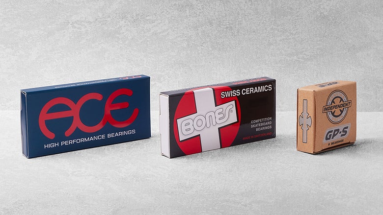Front view of Ace High Performance Bearings, Bones Swiss Ceramics Bearings, and Independent GP-S Bearings