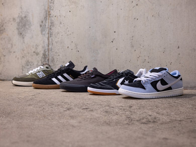 Shoes lined left to right: New Balance Numeric Reynolds 933, Adidas Busenitz, Vans Curren Caples Pro, Converse Louie Lopez Pro 2, and Nike SB Dunk Low Pro shoe.