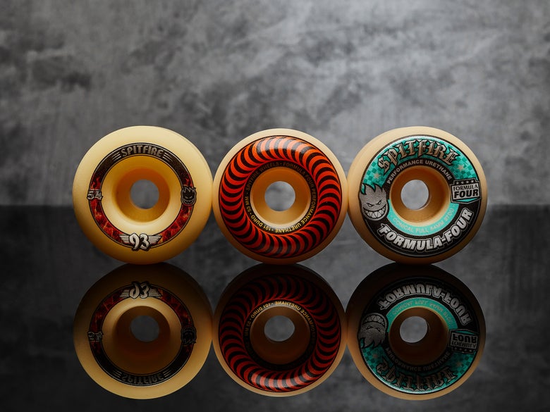 From left: Spitfire Radial, Classic, and Conical shaped skateboard wheels.