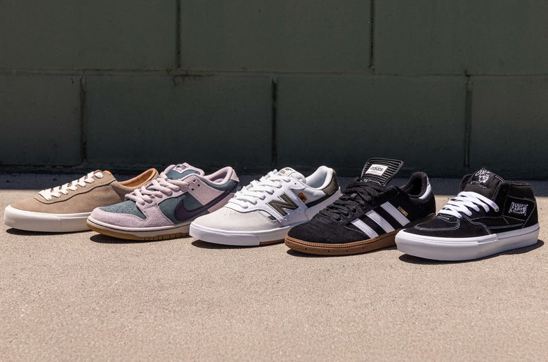 Shoes lined left to right: Last Resort AB VM001, Nike SB Dunk Low Pro, New Balance Numeric Foy 306 Cup, Adidas Busenitz, Vans Skate Half Cab.