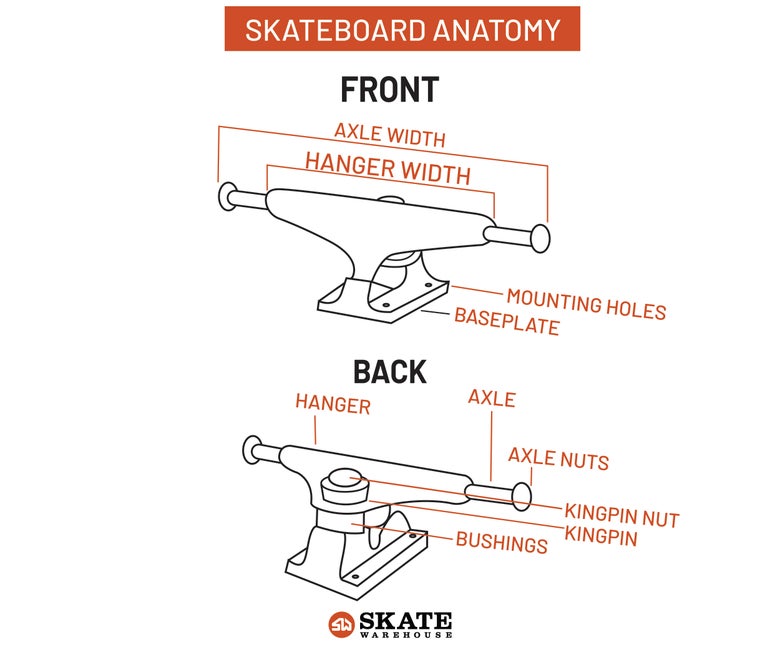 A diagram of a skateboard truck identifies the various parts and is labeled skateboard truck anatomy.